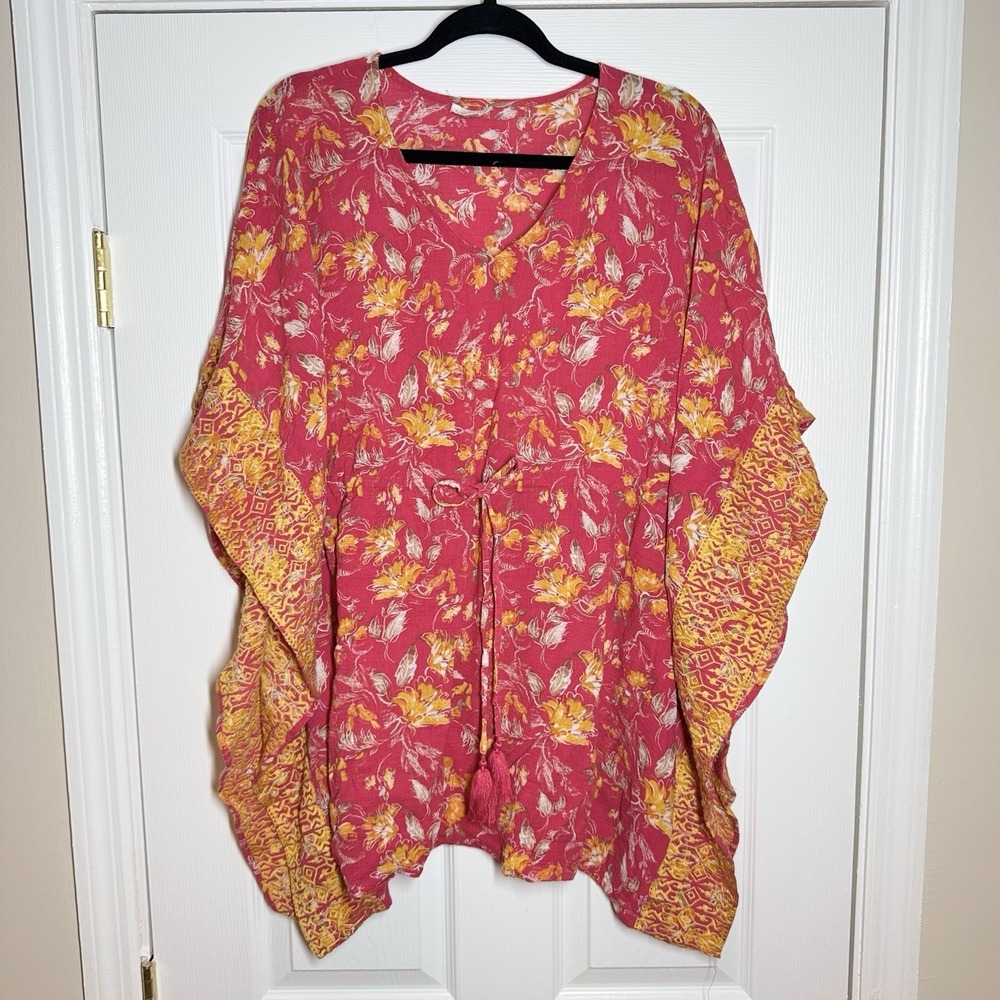 Garnet Hill L Embroidered Kaftan Cover-Up Popover Dress Floral 100% Cotton Ikat